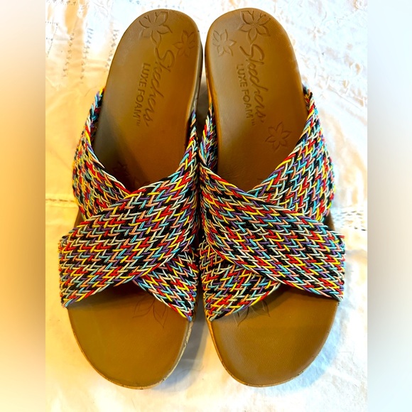 Skechers Shoes - Sketchers Luxe Foam Multicolor Wedge Sandals Size 11 never been worn.